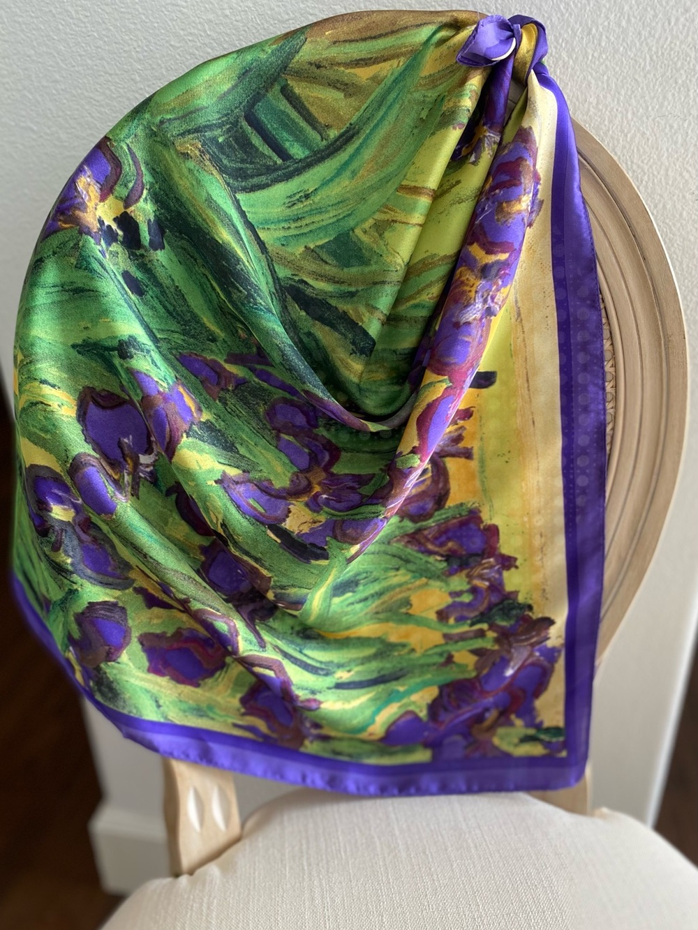 Vibrant Floral Silk Scarf Purple Iris Yellow Green Painterly Print Square Scarf